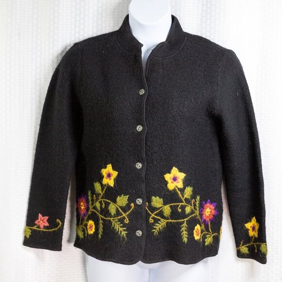 Carroll Reed Size M 100% wool black embroidered button down mock neck cardigan. - Picture 1 of 12